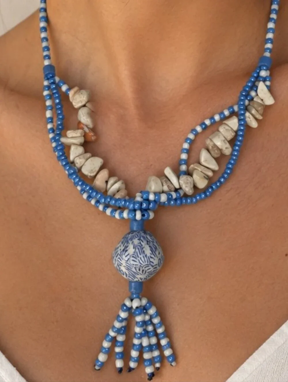 Blue & White Necklace Beaded Boho Multi Strand Large Artisan Clay Pendant Tassel